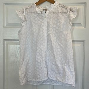 White embroidered blouse with eyelet sleeves. Button up, size L from Loft.